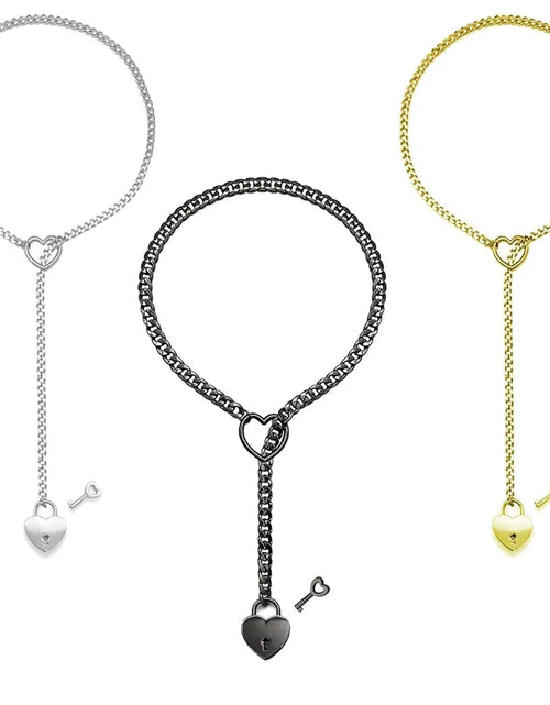 Load image into Gallery viewer, Adjustable Heart O-Ring Punk Rock Cuban Chain Necklace – Lariat Y-Style Necklace with Key &amp; Heart Lock Pendant
