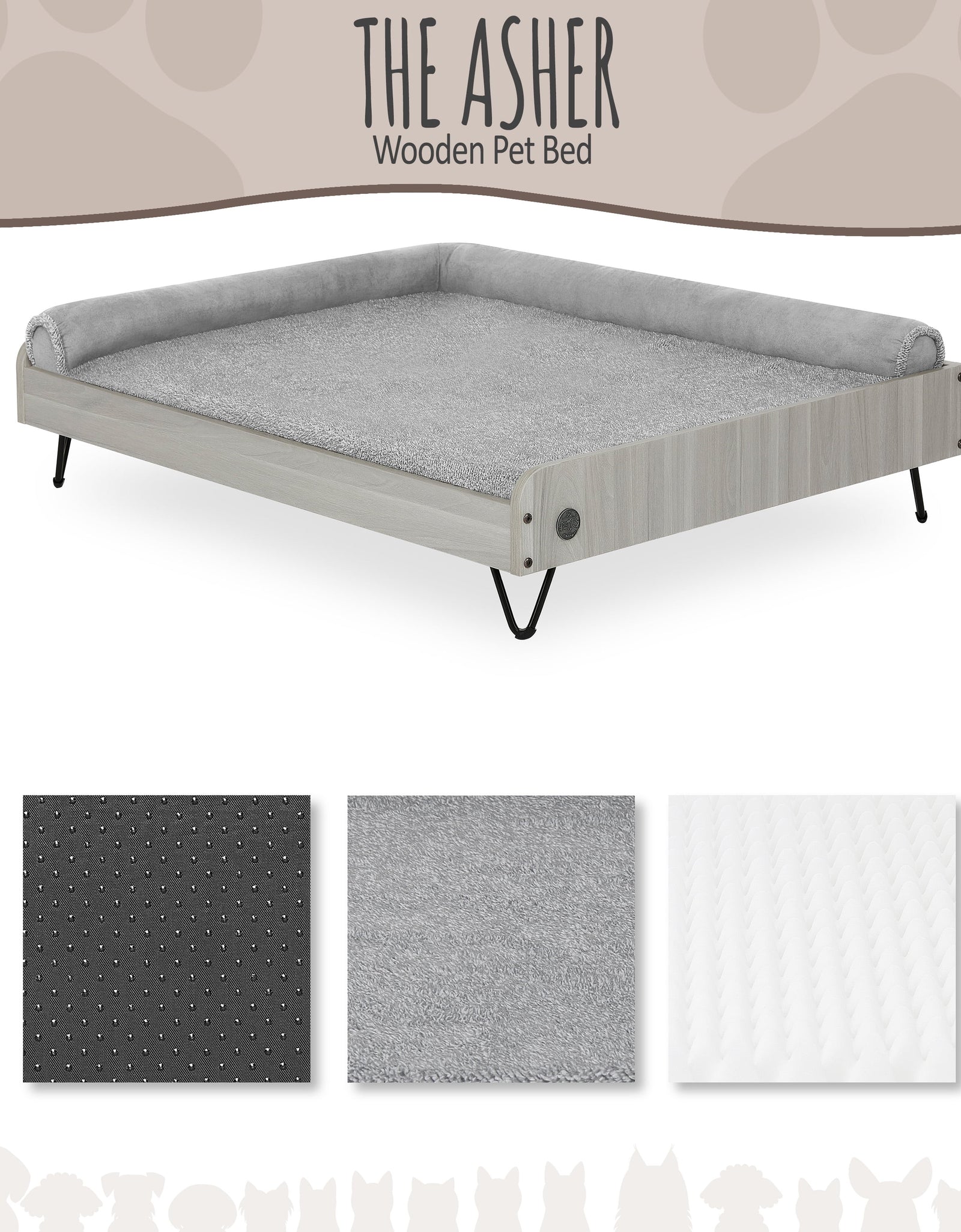 Asher Wooden Pet Bed with Mattress | Large to Extra Large Pet Bed with Mattress | Elevated Pet Bed | Greenguard Gold Certified Wooden Pet Bed