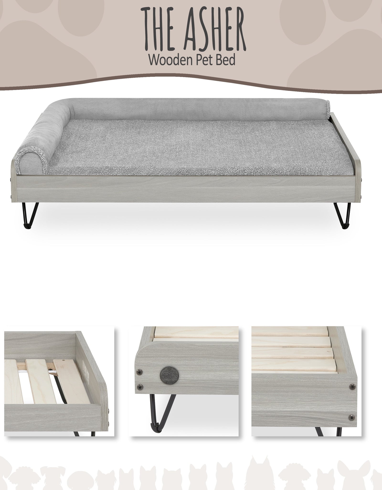 Asher Wooden Pet Bed with Mattress | Large to Extra Large Pet Bed with Mattress | Elevated Pet Bed | Greenguard Gold Certified Wooden Pet Bed