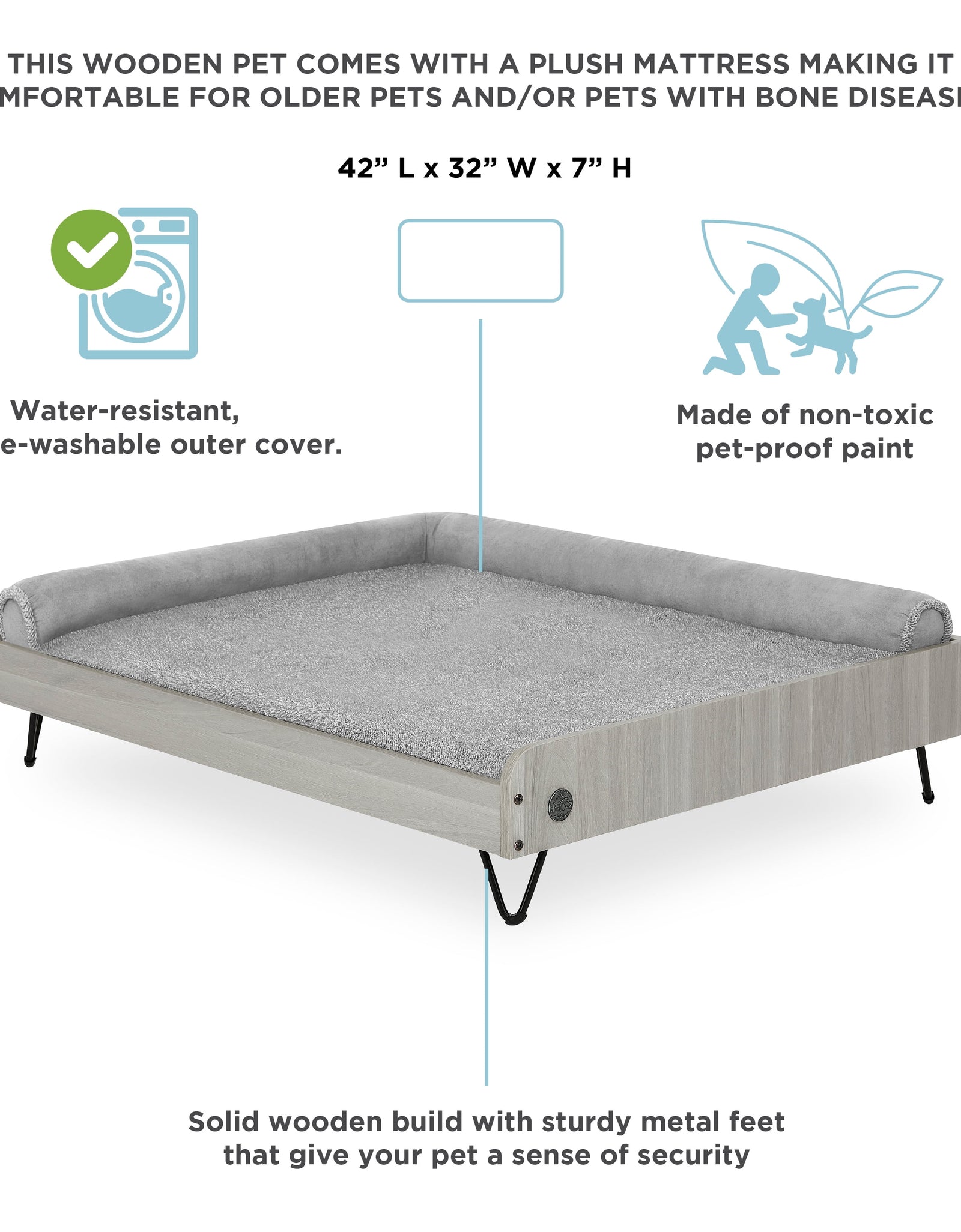 Asher Wooden Pet Bed with Mattress | Large to Extra Large Pet Bed with Mattress | Elevated Pet Bed | Greenguard Gold Certified Wooden Pet Bed