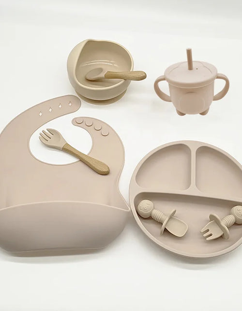 Load image into Gallery viewer, Children'S Dishes Set Baby Silicone 6/8-Piece Tableware Set Suction Cups Forks Spoons Bibs Straws Cups Mother and Baby Supplies
