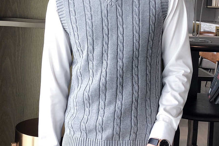 Men'S Cable Knit V Neck Relax Fit Sleeveless Knitwear Pullover Sweater Vest