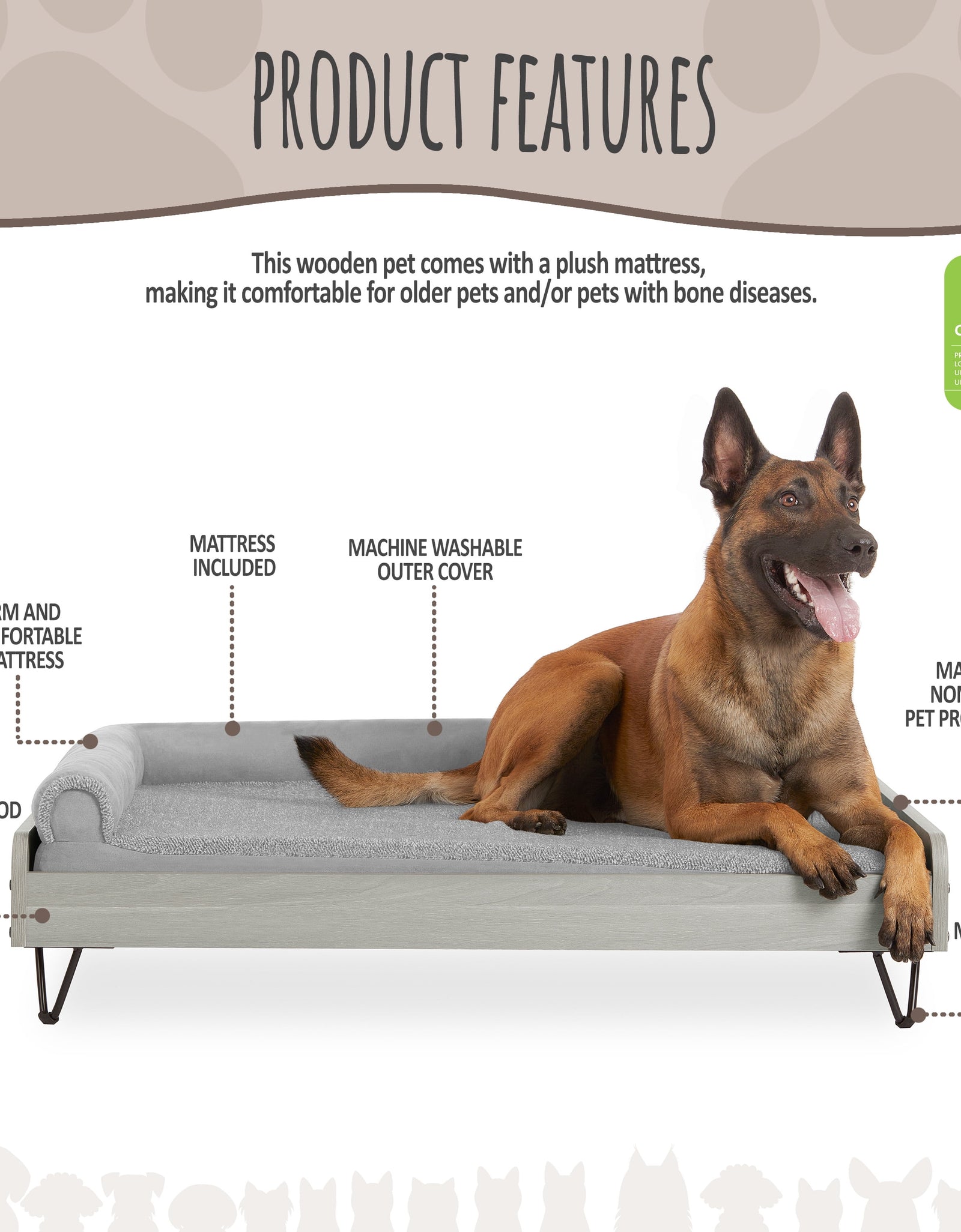 Asher Wooden Pet Bed with Mattress | Large to Extra Large Pet Bed with Mattress | Elevated Pet Bed | Greenguard Gold Certified Wooden Pet Bed